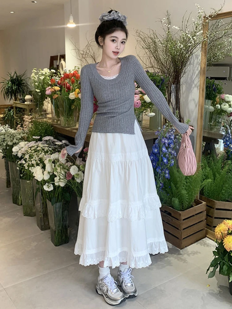 Autumn All-match Skirts Women Cute Preppy Style Midi Fashion Kawaii Schoolgirl Y2k Solid Dating Holiday Mujer Faldas Korean Chic