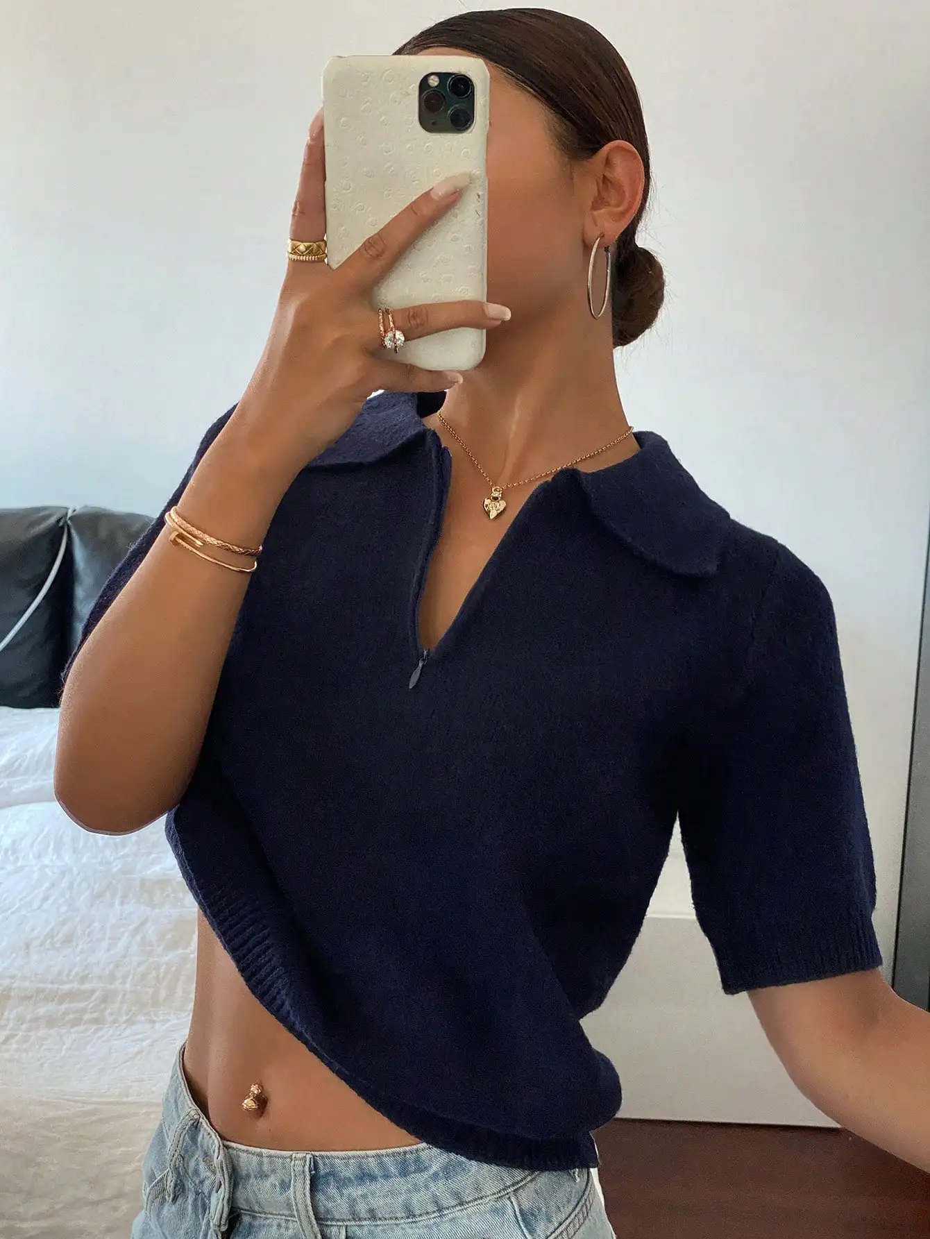 

Women's Navy Blue Short Sleeve Knit Polo Top with Zip Neckline, Casual Crop Fit for Fall