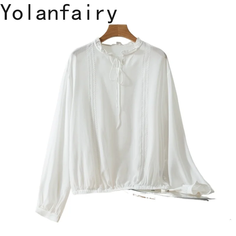 

YOLANFAIRY 100% Real Mulberry Silk Blouses for Woman Elegant 2026 Fashion Long Sleeve Shirts Womens Tops White Shirt Blouse New