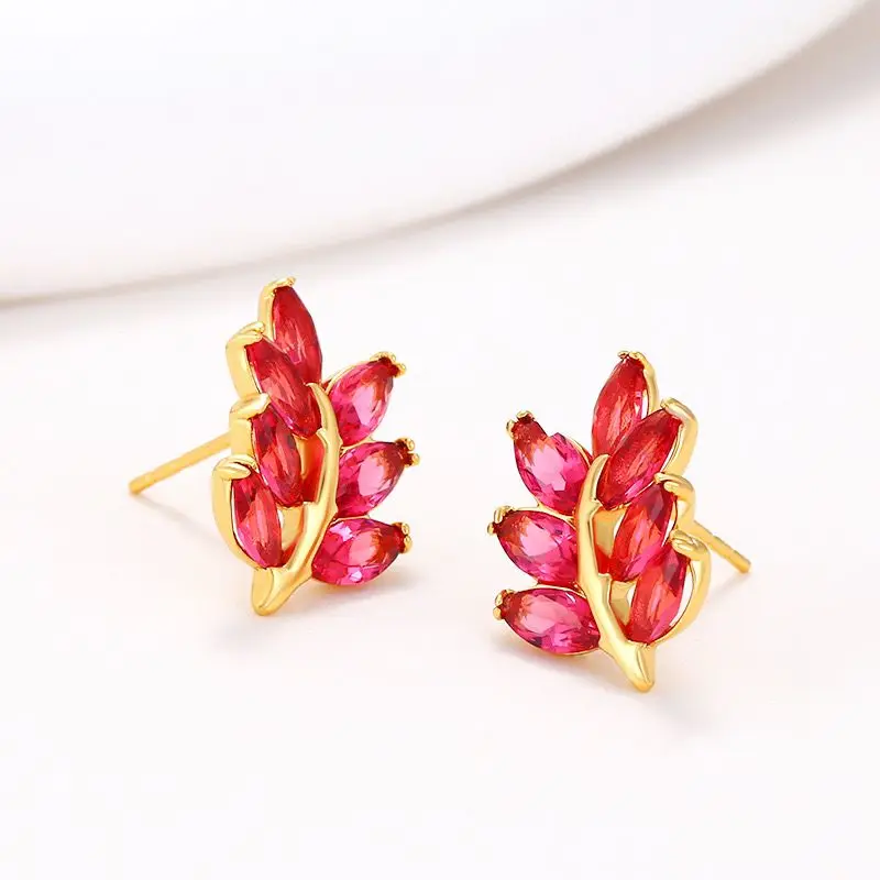 أسعار الجملة--الذهب الخالص مطلي متعدد الألوان الزركون ليف أقراط للنساء الأزياء والمجوهرات النيكل الحرة