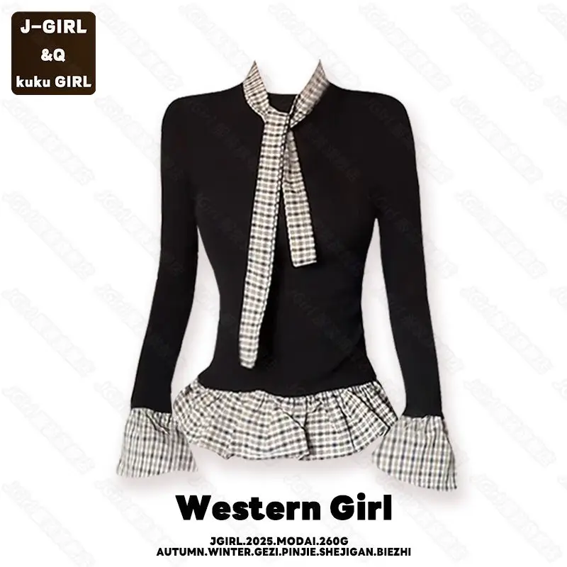 

Шикарная клетчатая рубашка из двух частей, черная базовая рубашка для женщин осенью и модный тонкий топ с длинными рукавами для горячих девушек