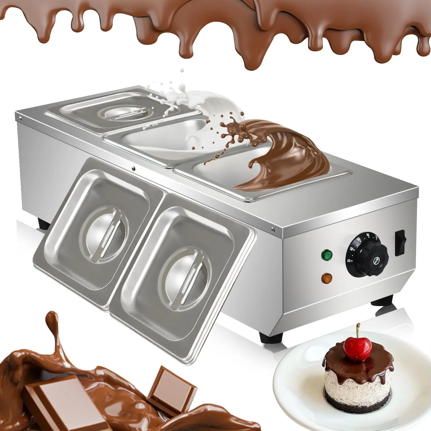 آلة تقسية، 3 خزانات وعاء صهر الشوكولاتة، وعاء فوندو كهربائي تجاري من الفولاذ المقاوم للصدأ بقدرة 1200 وات لشوكولاتة الشوكولاتة