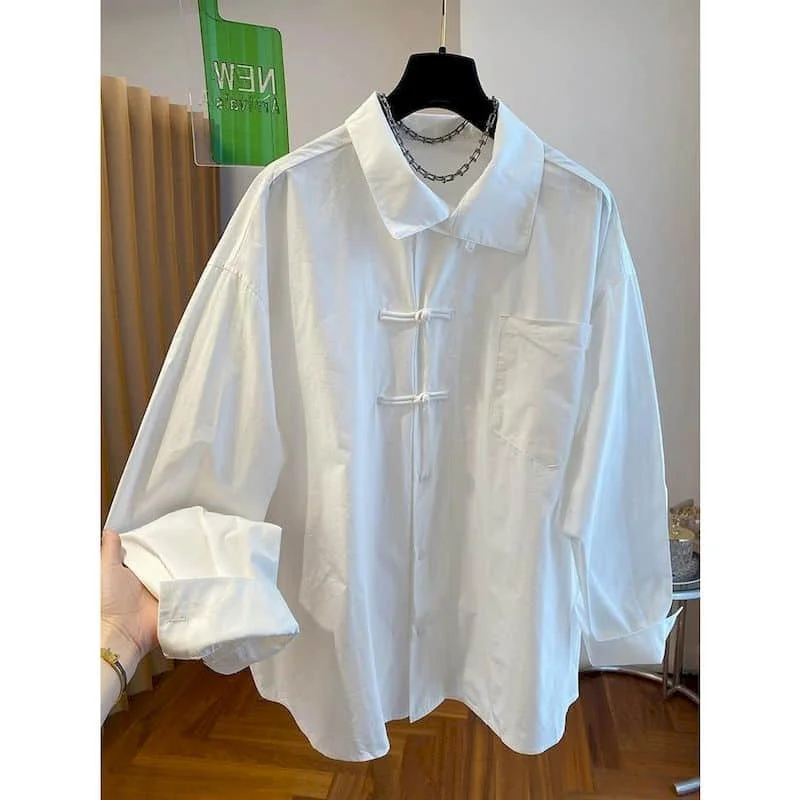 

Shirts Cotton Vintage Oversized Polo-neck Loose Long Sleeved Casual Single Breasted Mid-length Korean Style Blouse Women Tops