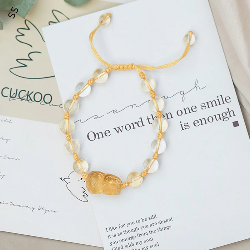 Natural Yellow Crystal Pixiu Bracelet Female Beaded Simple Fashion Jewelry Hand Braided Rope Adjusted Length Around 15-20cm