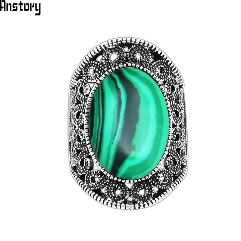 Oval Malachite Rings For Women Flower Desing Vintage Look Antique Silver Plated Fashion Jewelry TR666