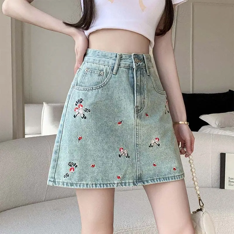 

Korean Fashion Summer Women's Solid Zipper Pockets High Waist Floral Embroid Simplicity Casual Slim Cowboy A-line Hip Wrap Skirt