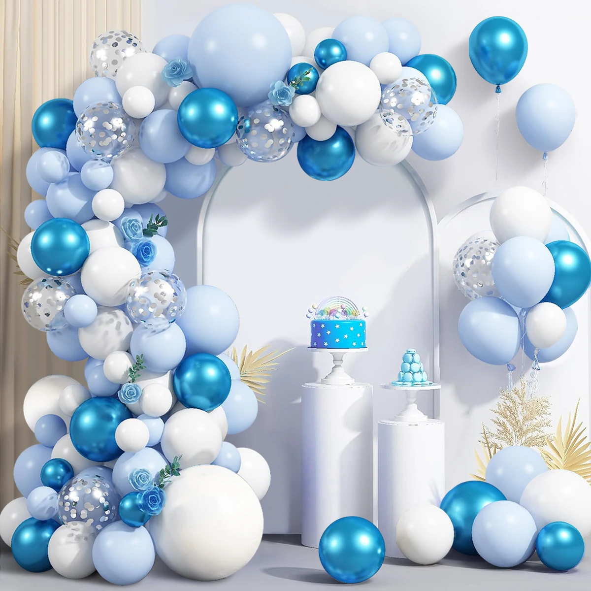 Blue White Sliver Balloons Garland Arch Kit for Boys Birthday Party Decoration Confetti Balloon Baby Shower Wedding Party Supply