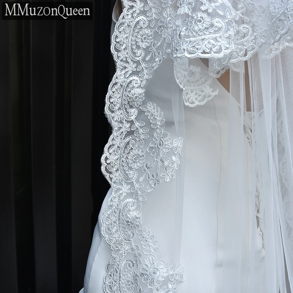 MMQ Bridal Face Cover Veil  Double Lace Edge Long Veil Soft with Hair Comb White Bridal Wedding Cathedral Lace Veil 2 Tier M24