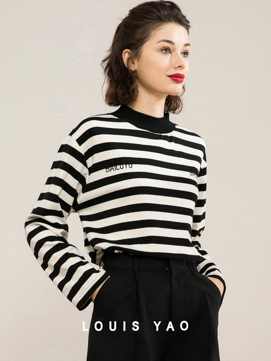 LOUIS YAO Women T Shirt Half High Collar Stripe T-shirt 2023 Autumn Dropped Shoulder Loose Long Sleeve Casual Women Tops