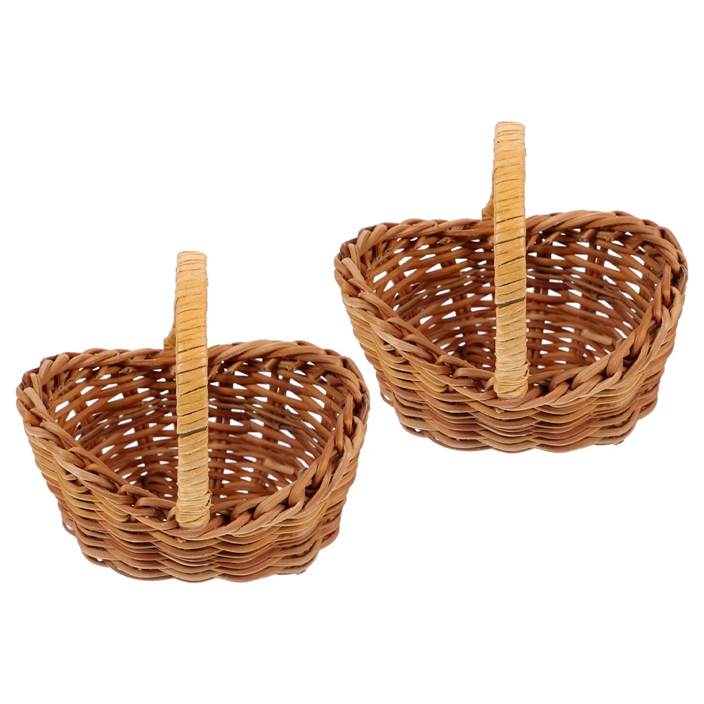 

2 Pcs Rattan Flower Basket Miniature Woven Baskets Vintage With Handle Decors Small