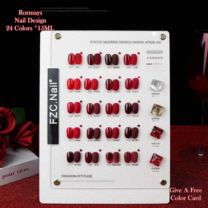 Rormays rose red gel nail polish set color matching card 24PC SUV LED semi permanent varnish shiny nail glue salon primer 15ML