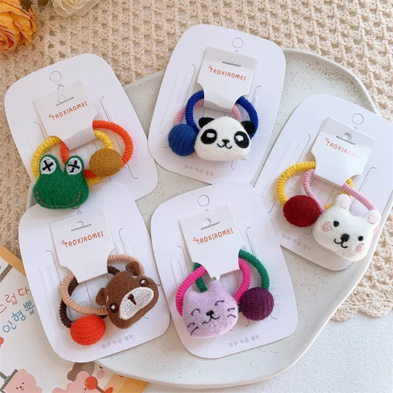 Autumn New Sweet Girl Ponytail Hair Accessories Fashion Children's Cute Wool Felt Cartoon Animal Rubber Band Hair Rope Headwear