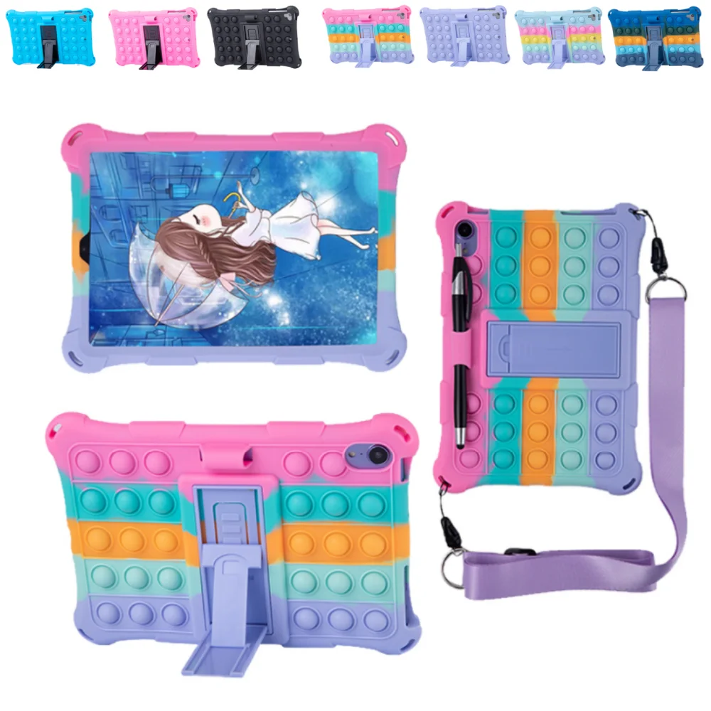 Kids Case for iPad 9.7 6th 5th Gen Shockproof Silicone Decompression Bubble Tablet Cover with Shoulder Strap & Pen