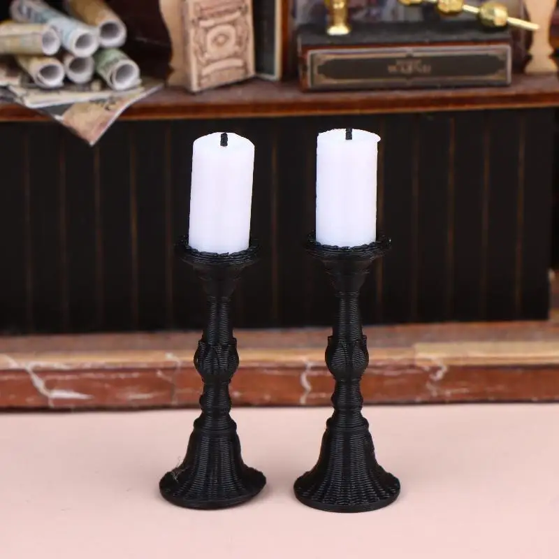 Hot-2Pcs Miniature Retro Candle Holder Set With 2 Candles Dollhouse Simulation Candlestick Model Dolls House Mini Scene Decor