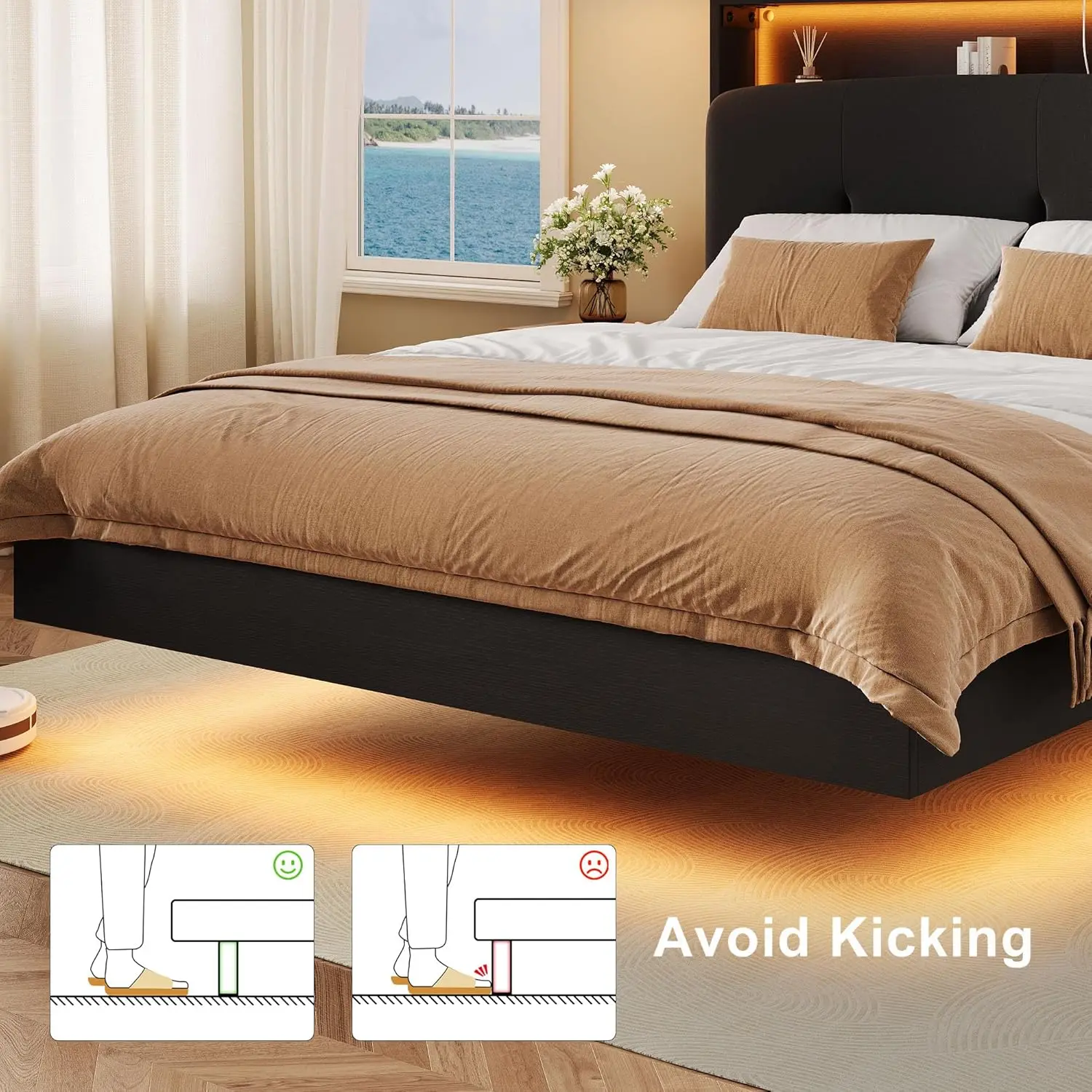 Floating Beds Frame Queen with Charging Station & Led Light, Wooden Queen Platform Bed Frames W/Upholstered Storage, Customized view 6