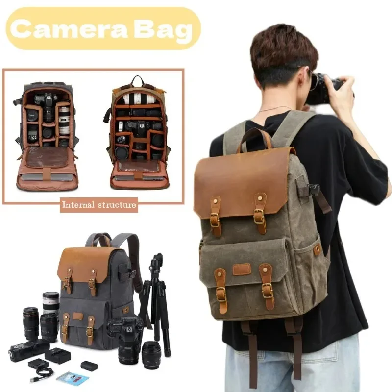 Canvas DSLR Camera Backpack Large Capacity Waterproof Camera Bag Professional Camera Drone Storage Bag Outdoor Photography Bag