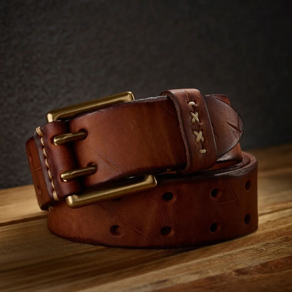 4mm-Thick Cowhide Belt 3.8cm-Wide Double-Slotted Double-Pin Girdle Rugged-Edge Solid Brass Handcrafted Waistpiece Biker Outfits