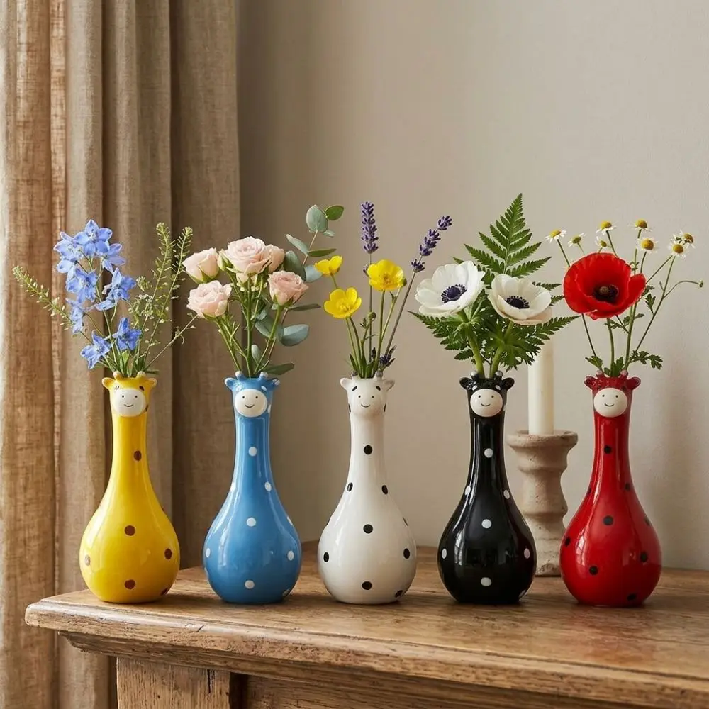 Hand Painted Cartoon Giraffe Resin Vase Lifelike Giraffe Ornament Polka Dot Giraffe Bud Vase Fade-Resistant Funny