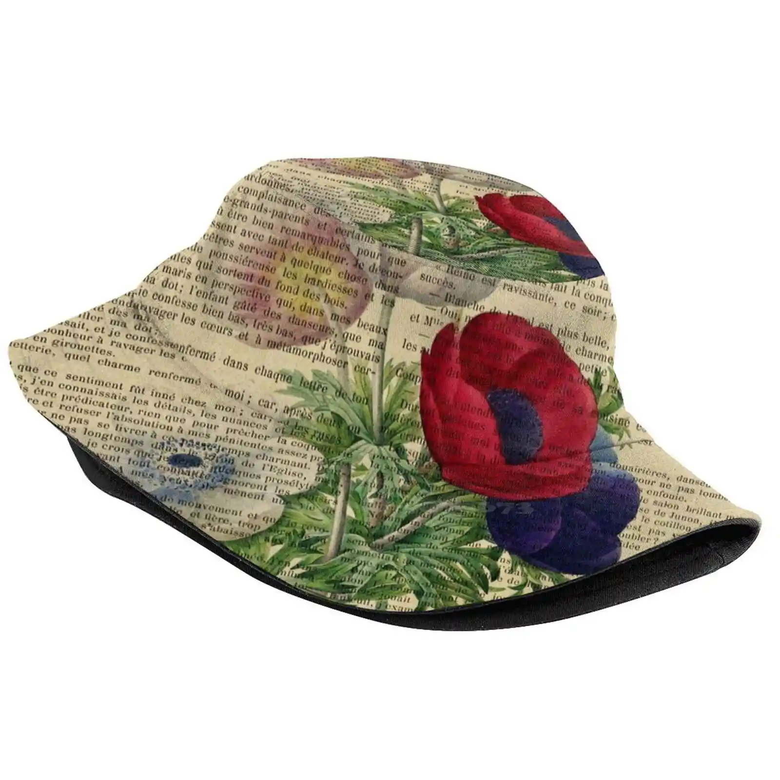 Botanical Print , On Old Book Page - Poppies Unisex Fashion Women Men Breathable Bucket Hats Botanical On Old Book Page Poppies