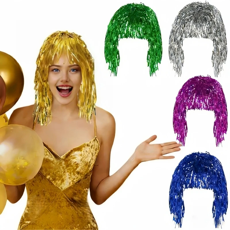 Блестящий парик с мишурой, металлическая маскарадная диско-шляпа, парики с мишурой из фольги для взрослых, нарядное платье, вечерние реквизит для фотосессии, принадлежности для косплея