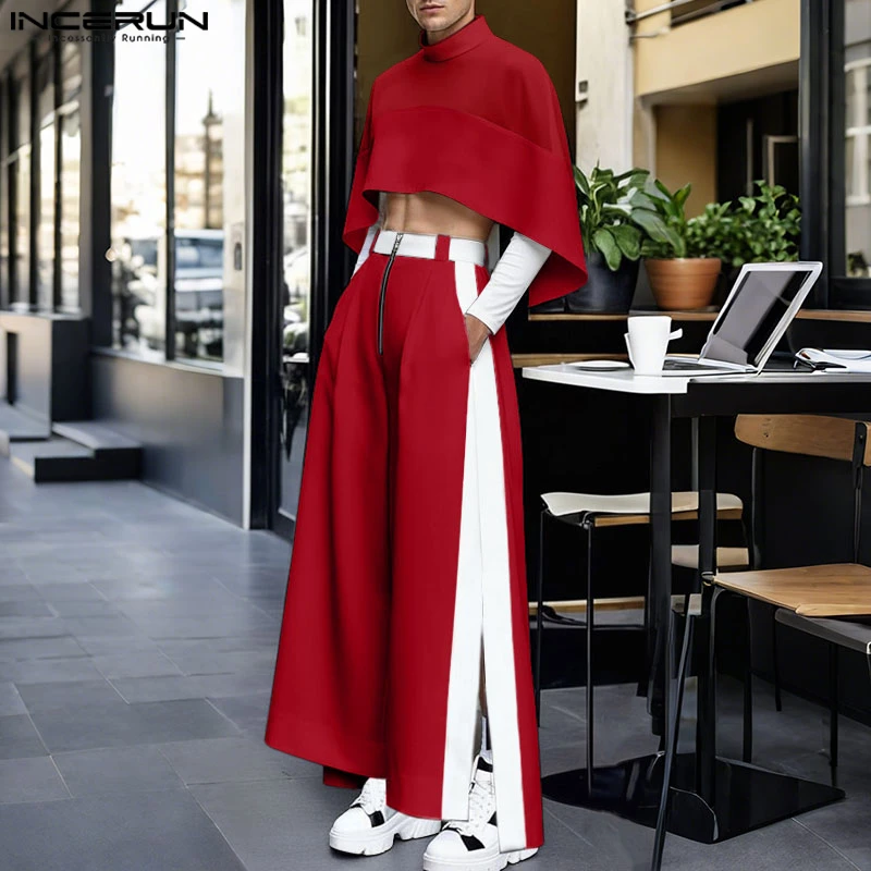 INCERUN Men Sets Patchwork Turtleneck Irregular Crop Shirt Cloak & Wide Leg Pants 2PCS Streetwear Loose Fashion Casual Men Suits