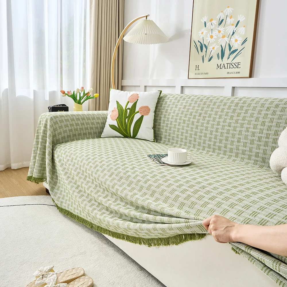 1 Stück Baumwollmischung Bohemian Grün Karierte Sofabezüge mit Quasten - Wohnzimmer-Dekoration, Langlebiger Stoff-Couchschutz