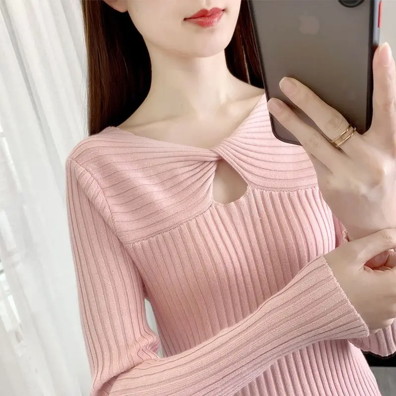 Autumn Winter Solid Color Sweater Knitted Casual Women\'s Clothing Screw Thread Pullover Hollow Out V-Neck Fashionable Tops