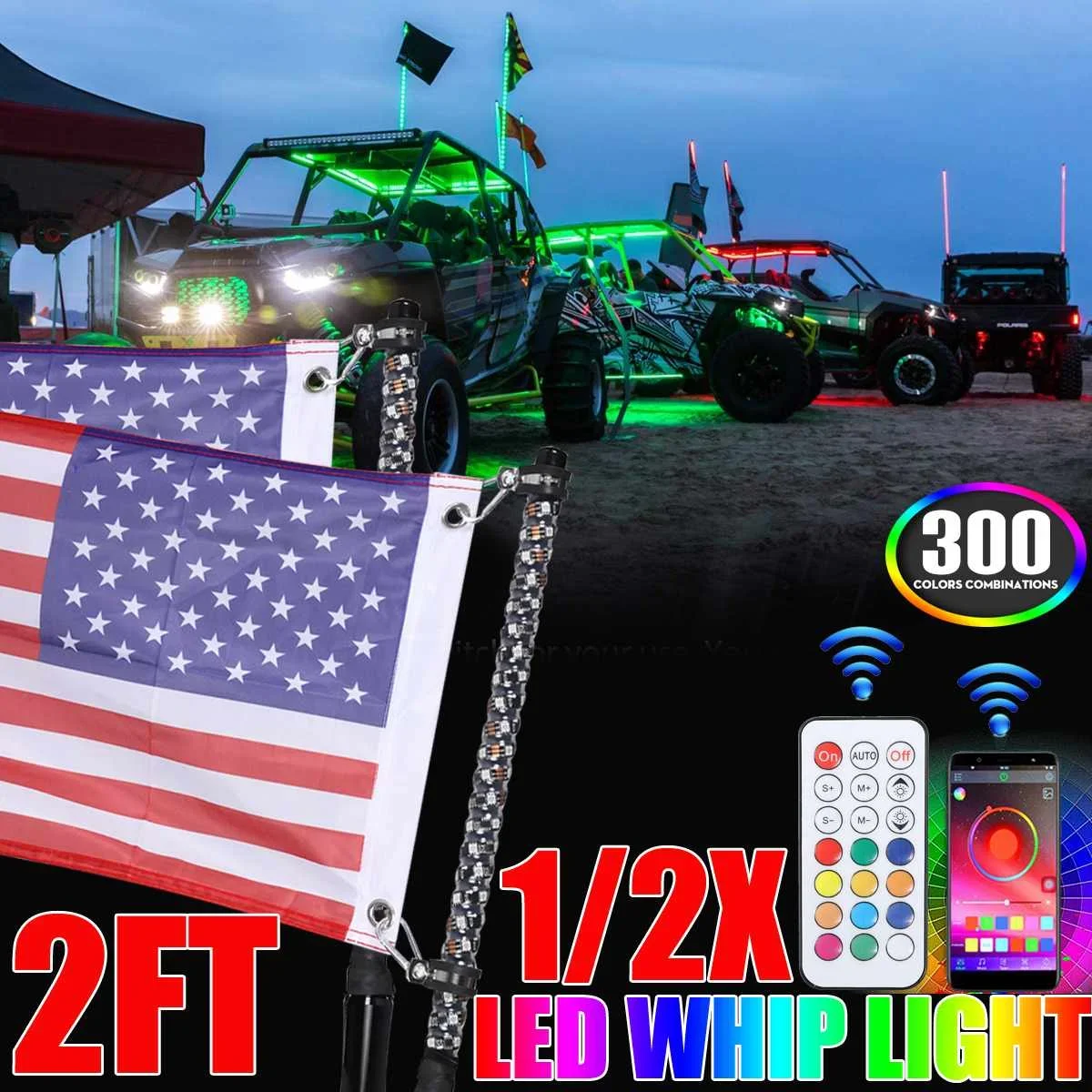 

1 Pair 2FT RGB Whip Light with Base Waterproof Bendable Wireless Remote Control Flagpole LED Lamp Light DC12V+America Flag