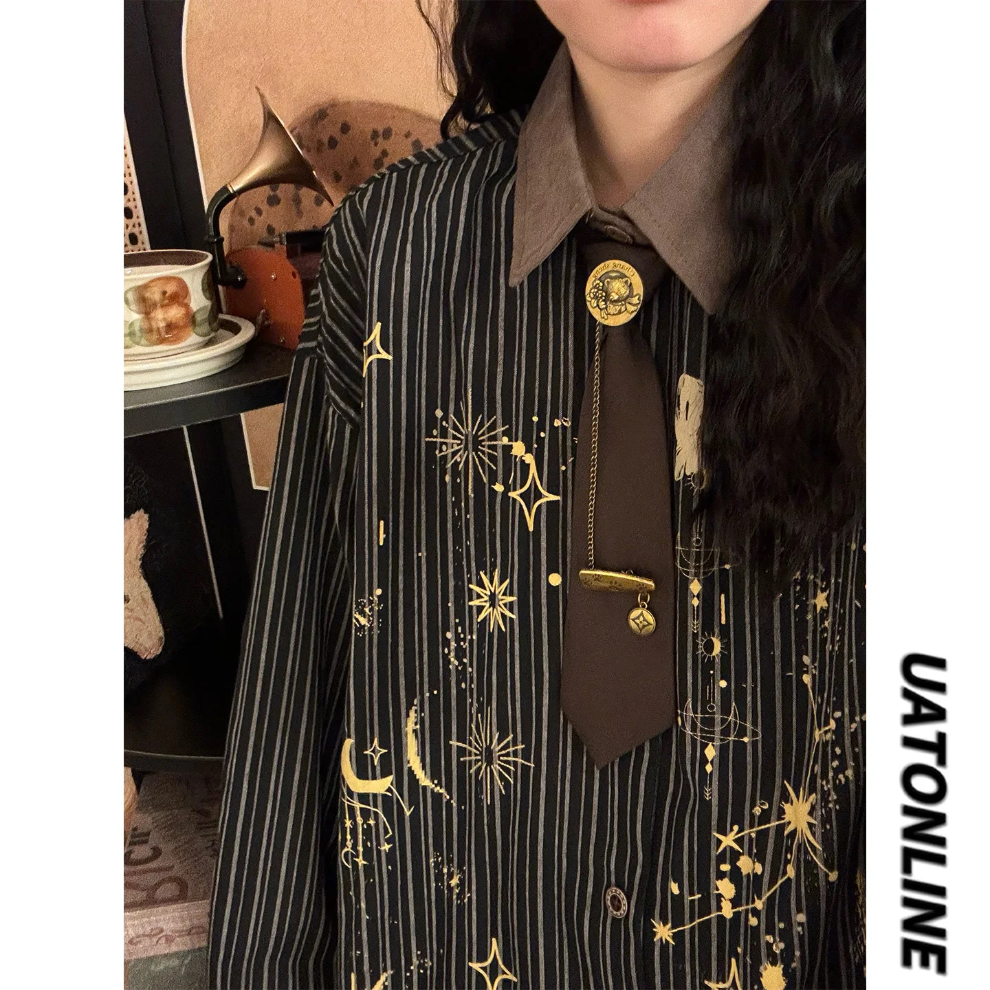 

UATONLINE Women's Retro American Sle Long Sve irt Glowing Starry Print Loose Fit Casual Faion Top