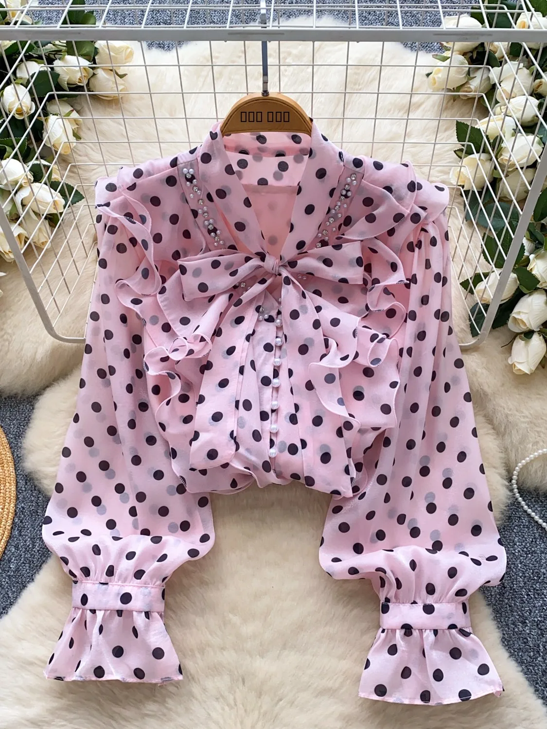 ريترو كورت Sle الثقيلة Embellied عقدة التعادل طويلة Sve البولكا نقطة بلوزة من الشيفون الكورية فضفاضة تناسب الصيف Faion