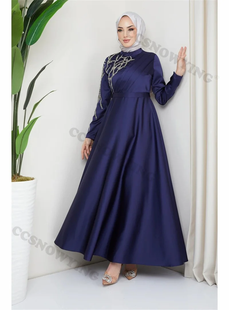 

Satin Appliques Beaded Muslim Evening Dresses Long Sleeve Islamic Formal Party Gowns High Neck Women Arabic Robes De Soirée