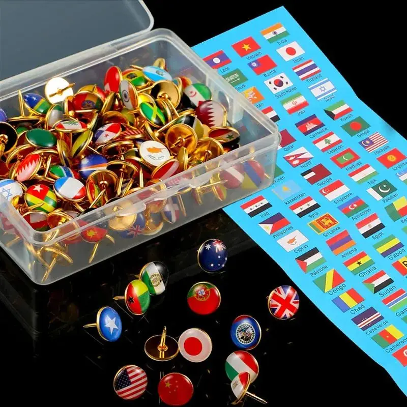 200Pcs National Flag Pins Thumb Tacks Creative Country Map Push Pin Golden Push Pins Decorative Drawing Pins With Flag Index