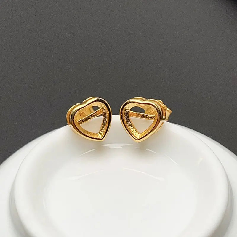 925 Silver 6mm Heart Shape Earrings Setting Allergy Free 18k Gold Plated Wholesale Price Jewelry Diy Supplier for Online Shop