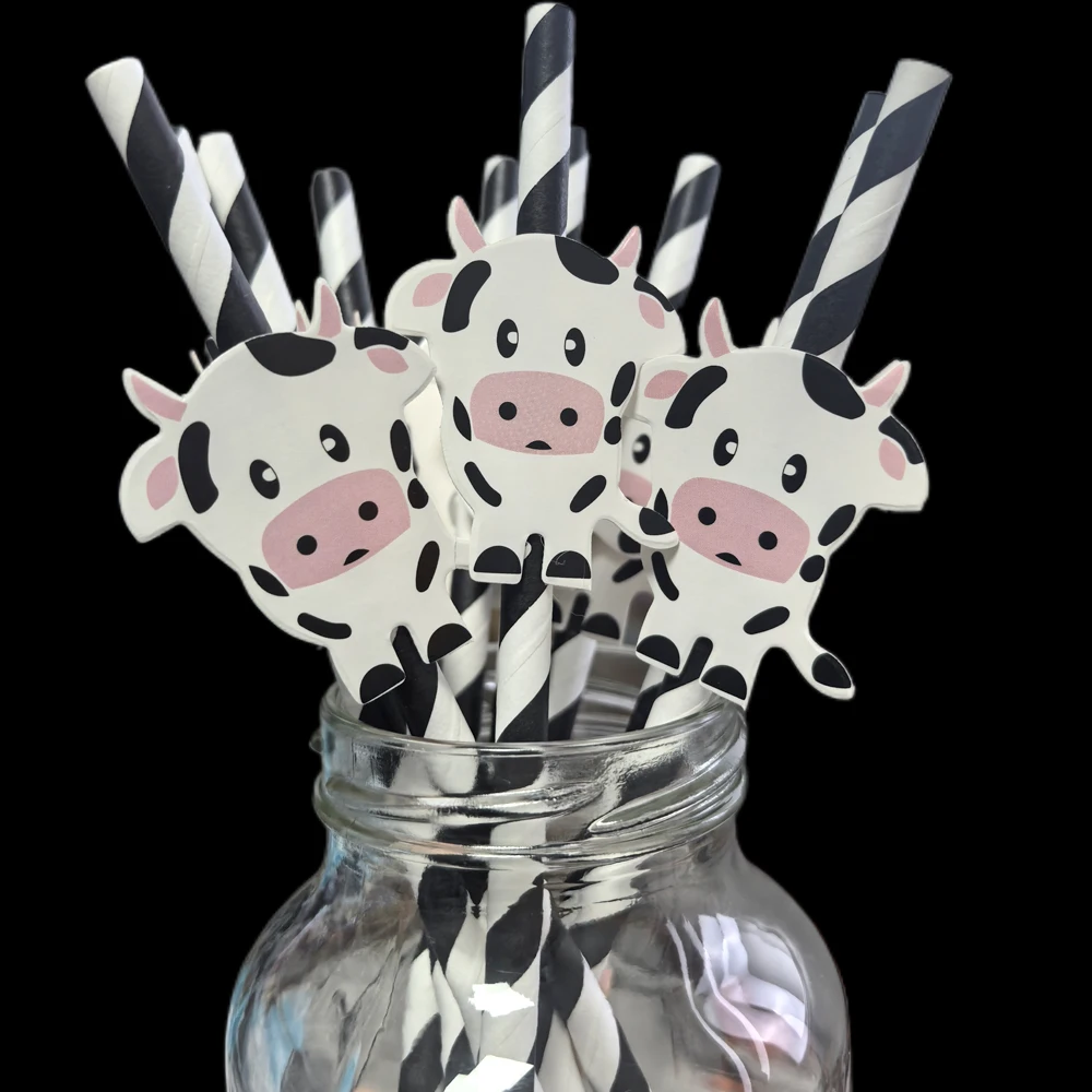 10/20/50/100pcs Black White Straws Cute Cartoon Cow Pattern Kids Boys Girls Favor Farm Theme Birthday Straw Party Decor Supplies