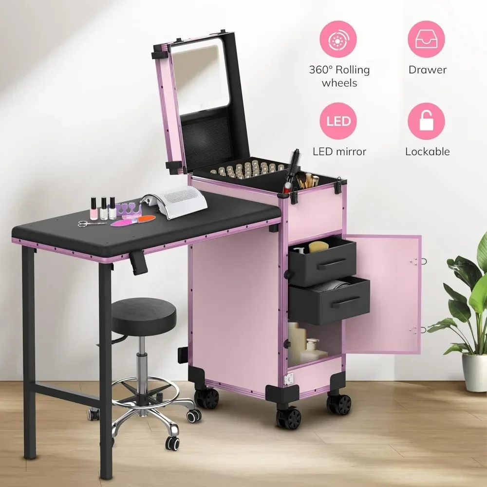 Rolling portable folding nail enhancement table with 2 drawers, mirror and nail polish, lockable cosmetic train box and