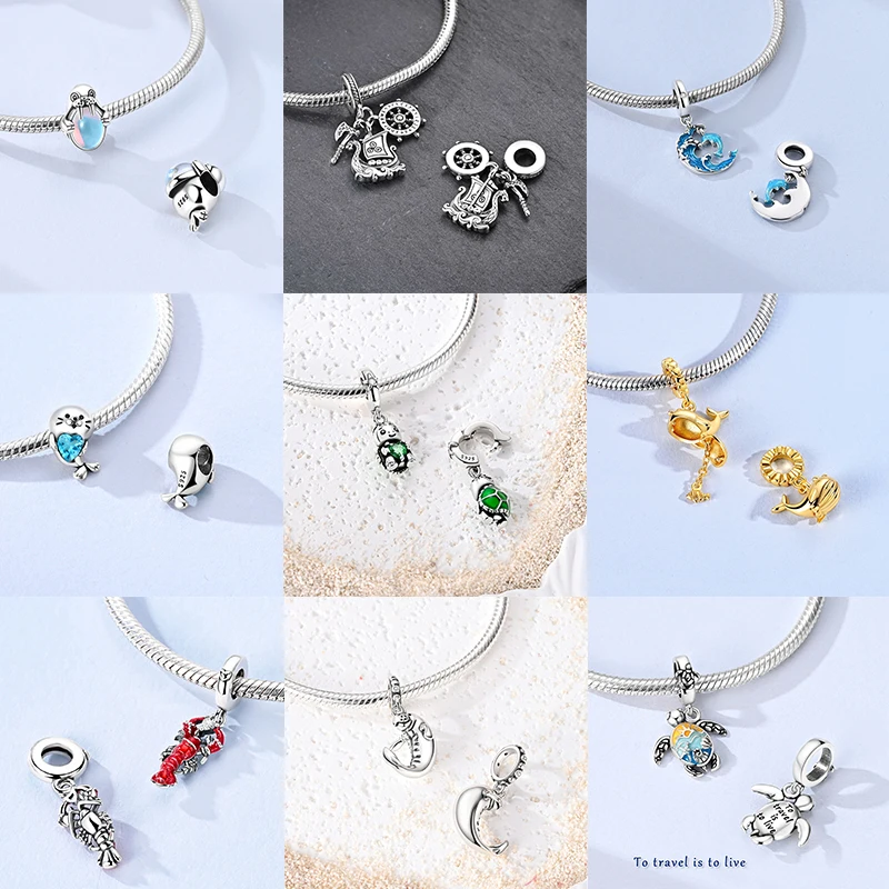 925 Sterling Silber Ozean-Tier-Charm-Perlen Wal Delfin Oktopus Meeresschildkröte Seepferdchen Krabbe Hummer DIY Armband Halskette Geschenk – Detail 11
