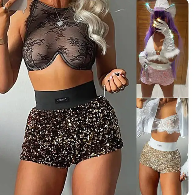 

New Fashion Trend Sequined High Waist Mini Shorts Glitter Clothing Sexy Skinny Party Nightclub Pants Women Shorts Streetwear