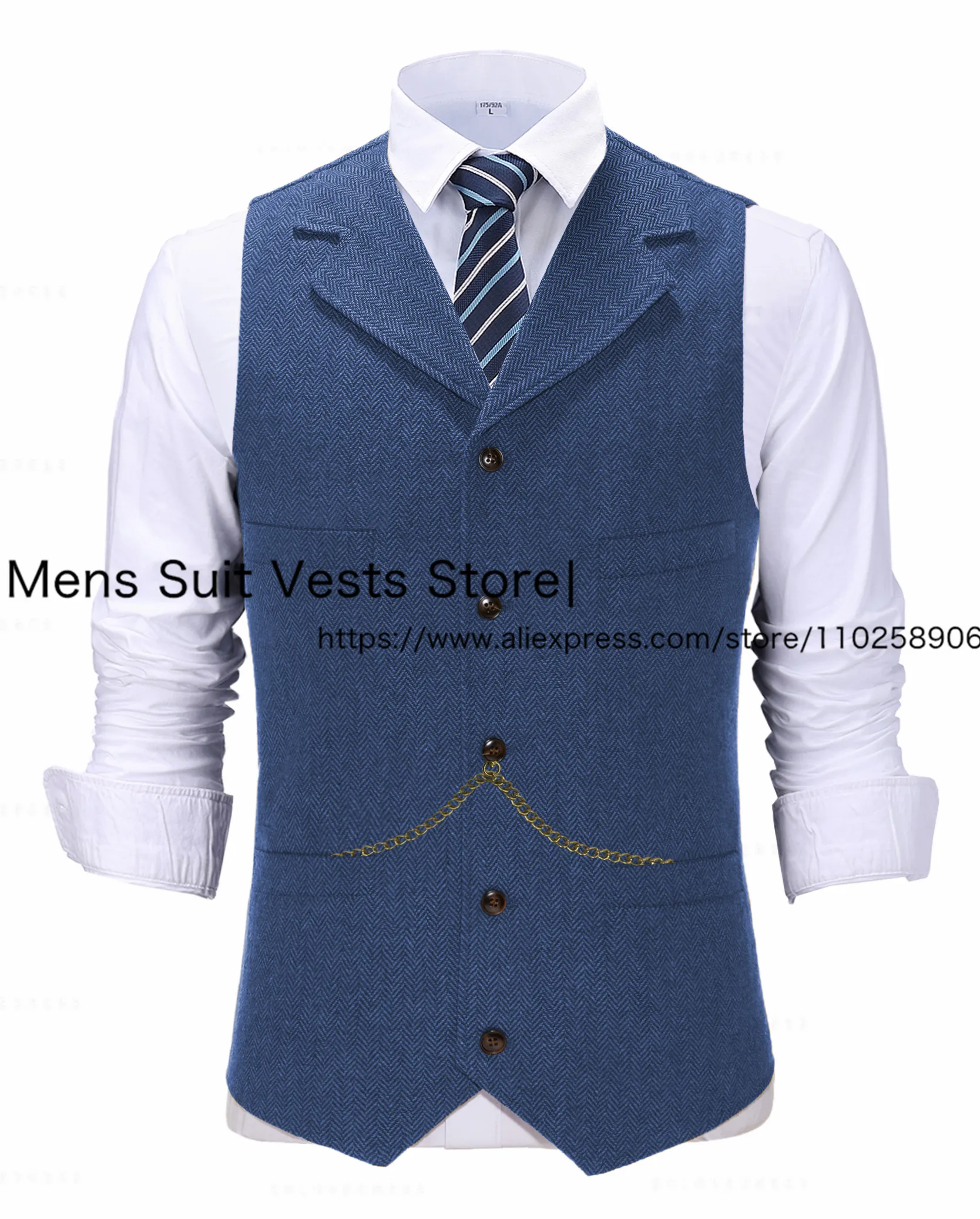 Lapel Neck Men\'s Herringbone Suit Vest Single Breasted Tweed Waistcoat Business For Groom Real Image