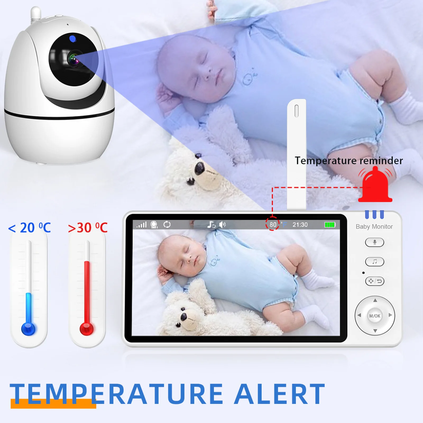 5 Inch Electronic Baby Monitor Temperature Sensor Lullaby Babyphone Surveillance PTZ Video Cam Wireless 2-way Audio Child Camera