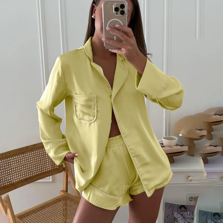 

HiLoc Elegant Brown Satin Shorts Suits 2025 Office With Pocket Shirts And High Waist Shorts 2 Piece Sets Home Sets Women Autumn