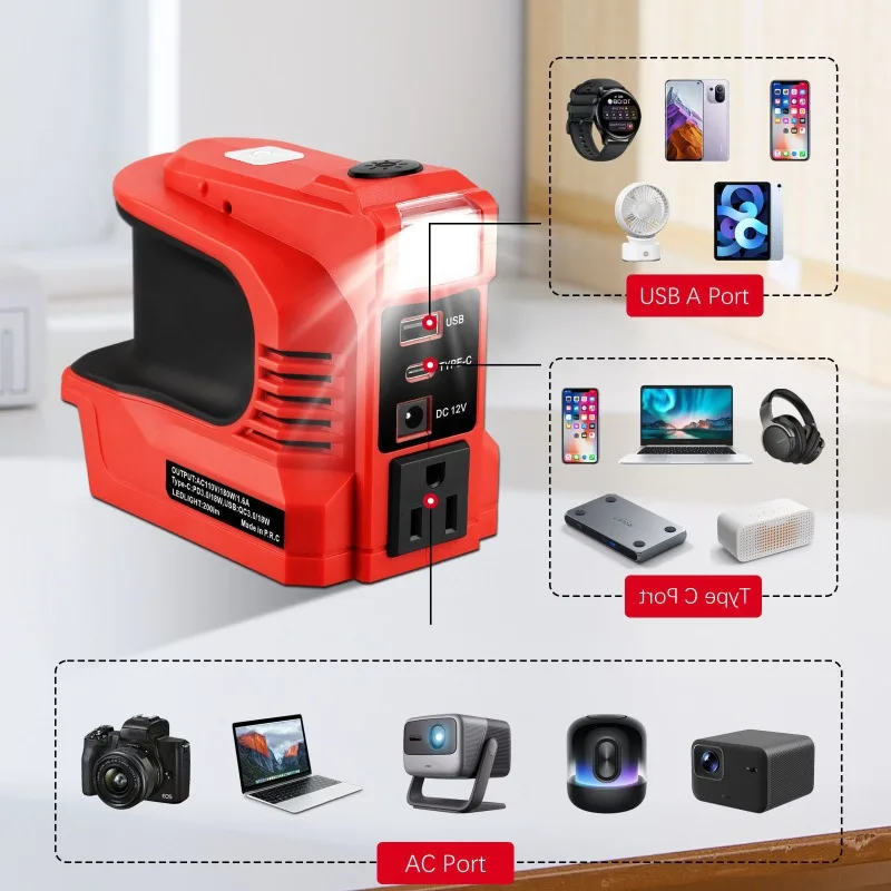 180W Power Inverter Adapter for Milwaukee/Makita/Dewalt/Bosch18V20V Battery DC 20V To AC 110-120V Power Converter with LED Light