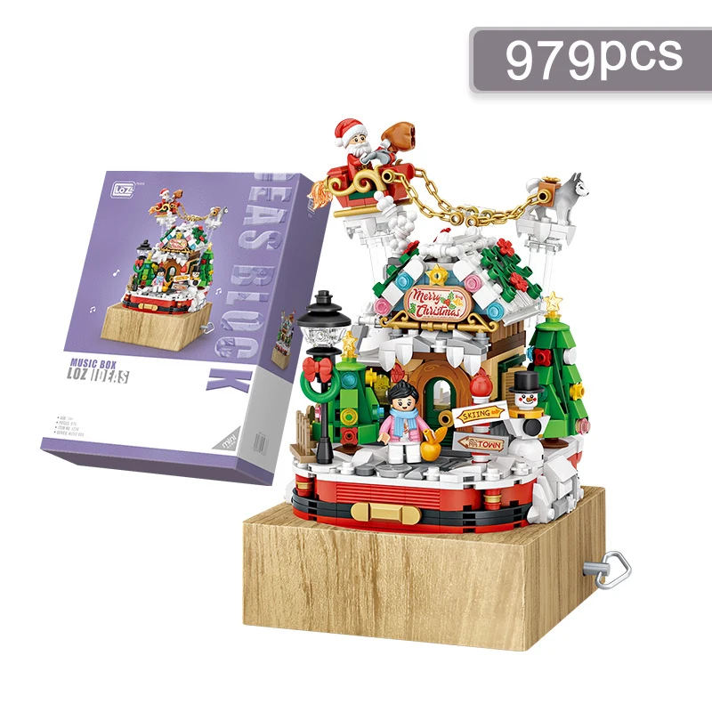 Mini blocos de construção casa de natal árvore moinho de vento casa castelo sakura caixa de música quebra-cabeça decoração diy brinquedos presente para crianças