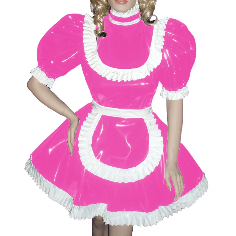 Sissy Turtleneck Puff Long Sleeve Maid Dresses,Ruffles Maid Uniforms,PVC Leather,A-line Pleated Maid Outfits,Raves Party Dresses