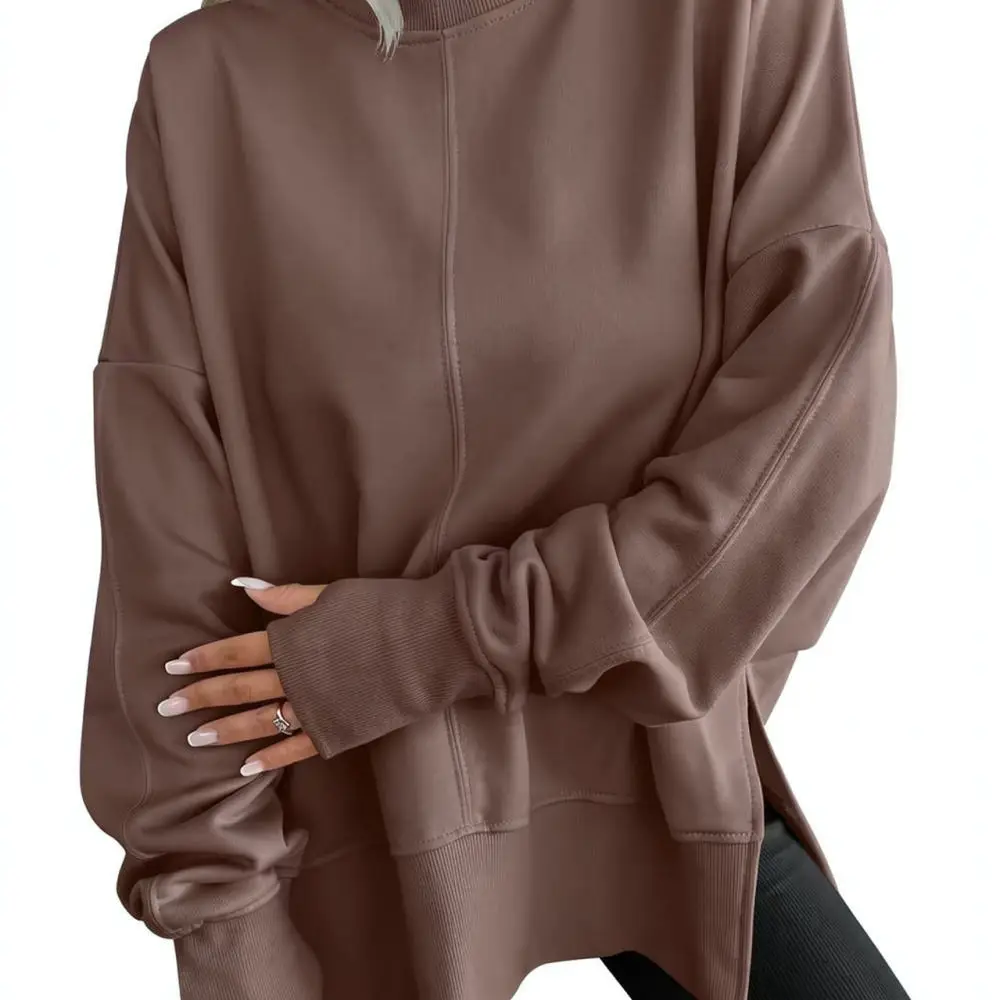 Fashion Women Fleece Sweatshirt Loose Crew Neck Batwing Long Sleeve Side Split Pullover Casual Soft Daily Wear Clothing