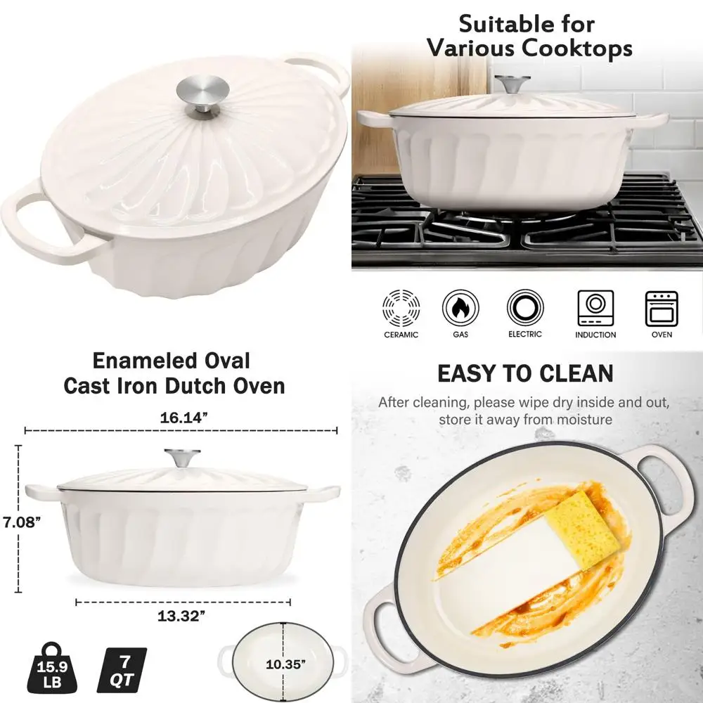 

Non-stick Cast Iron Dutch Oven, 7 Quart Enamel Coated Oval Pot with Dual Handles for Cooking, Baking, Frying - Ideal for Bread B