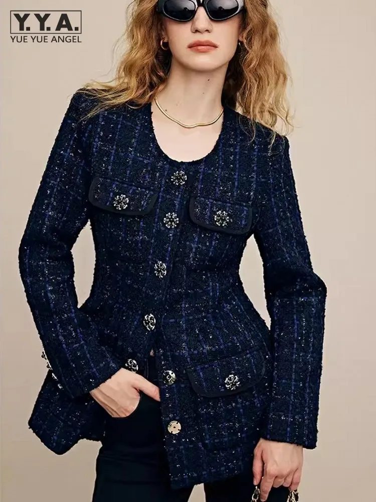 

Brand Designer Women O Neck Single Breasted Slim Waist Tweed Jacket Mid Long Vintage Plaid Office Ladies Work Coat Twill Jackets