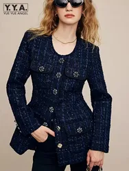 Brand Designer Women O Neck Single Breasted Slim Waist Tweed Jacket Mid Long Vintage Plaid Office Ladies Work Coat Twill Jackets