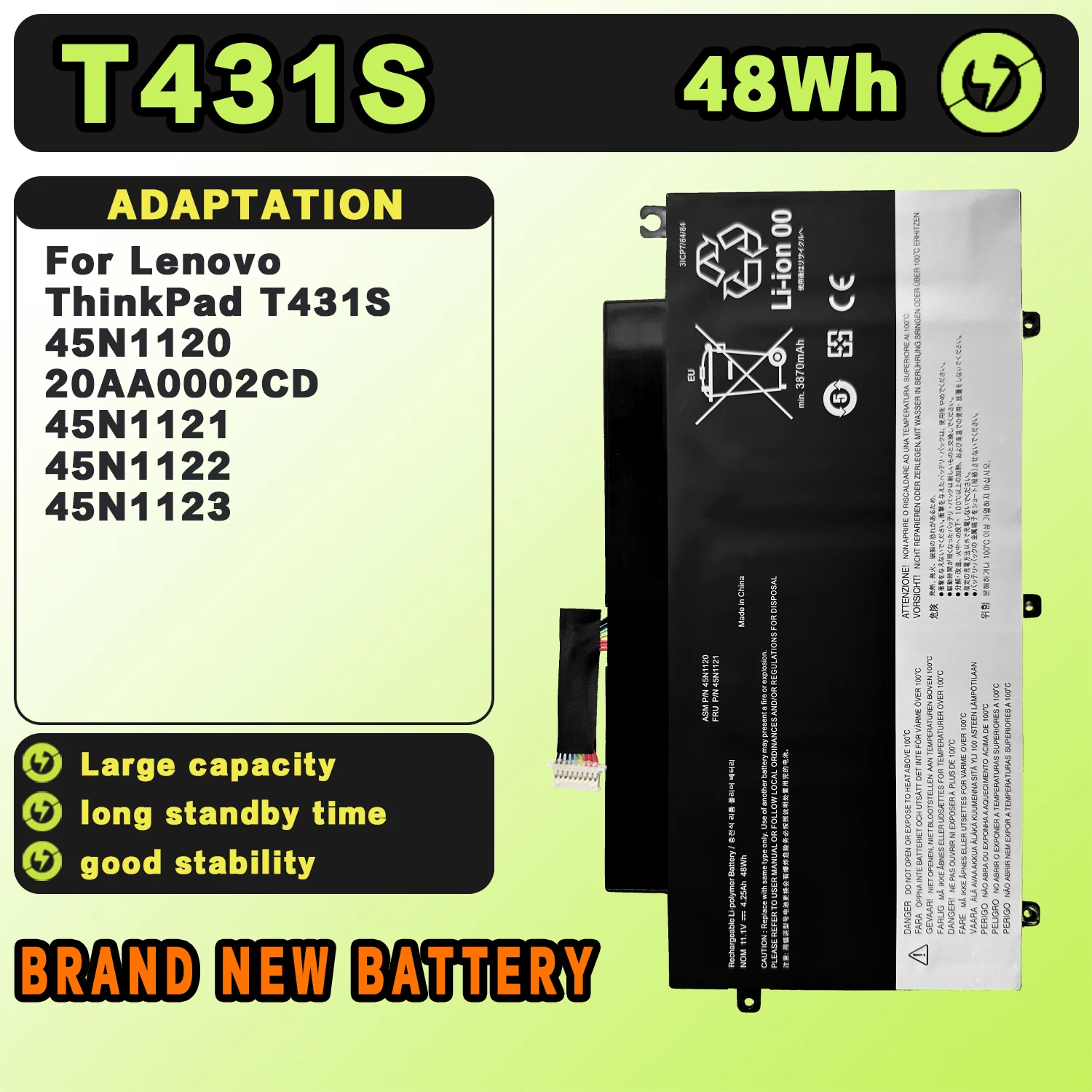 SAT T431S New Laptop Batteries Replacement For LENOVO ThinkPad T431S 20AA0002CD 45N1120 45N1121 45N1122 45N1123 11.1V-48Wh