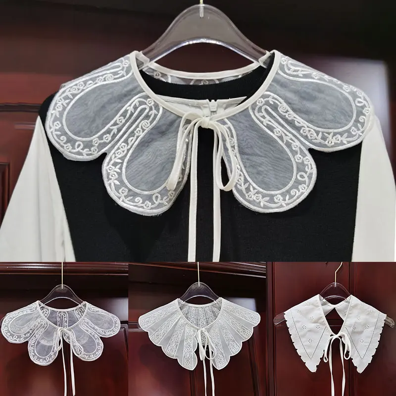 

Women Lace Embroidered Fake Collar Girls Detachable Floral Lace White Shawl Scarf Student Necklace Capelet Accessories