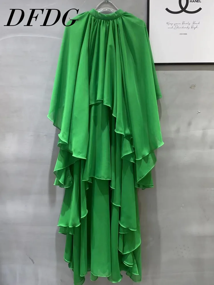 

DFDG Женское 2025 SS Простое повседневное розово-красное шифоновое платье макси с струящимися рюшами по подолу и жемчужинами Дизайнерское платье Весна-лето Платье